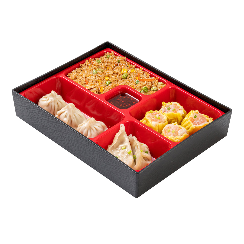 Bento Tek Rectangle Black and Red Small Japanese Style Bento Box - 5 Compartments - 10 3/4" x 8 1/4" x 2 1/4" - 1 count box