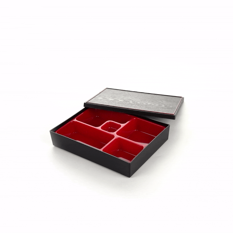 Bento Tek Rectangle Black and Red Small Japanese Style Bento Box - 5 Compartments - 10 3/4" x 8 1/4" x 2 1/4" - 1 count box
