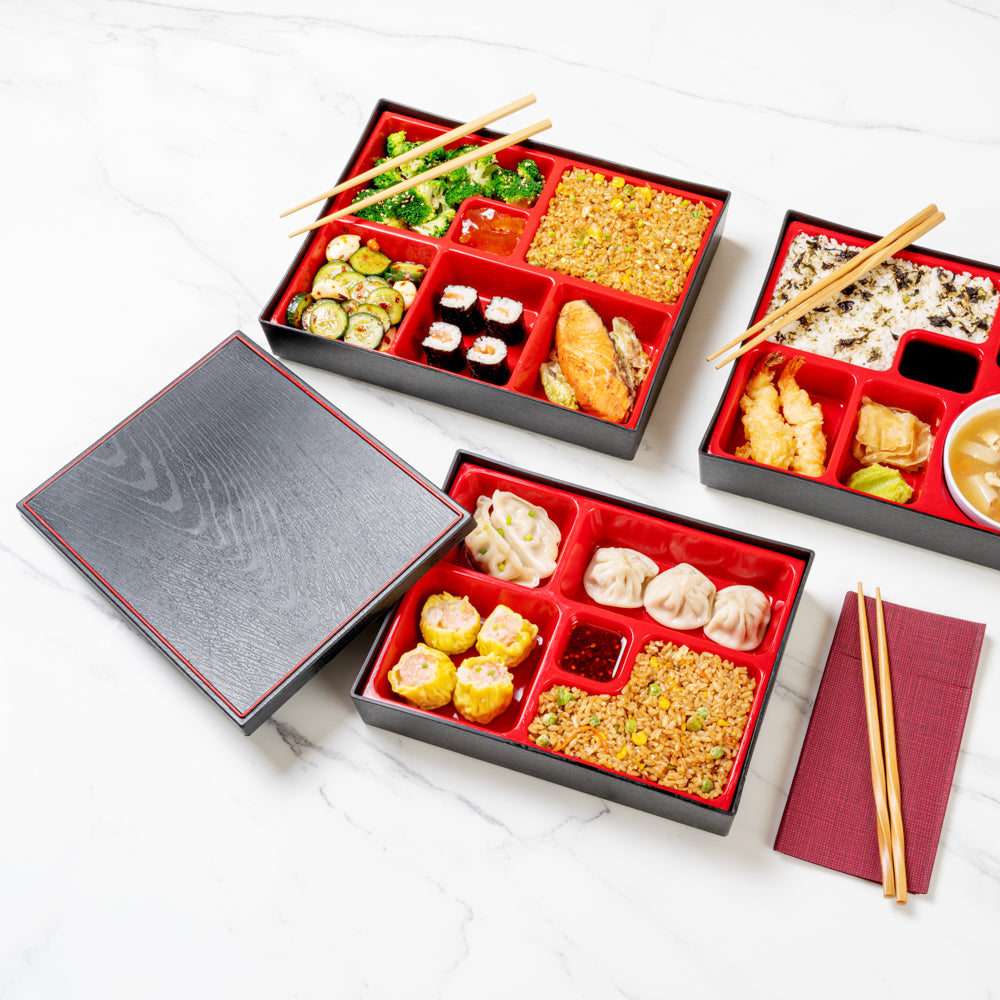 Bento Tek Rectangle Black and Red Small Japanese Style Bento Box - 5 Compartments - 10 3/4" x 8 1/4" x 2 1/4" - 1 count box