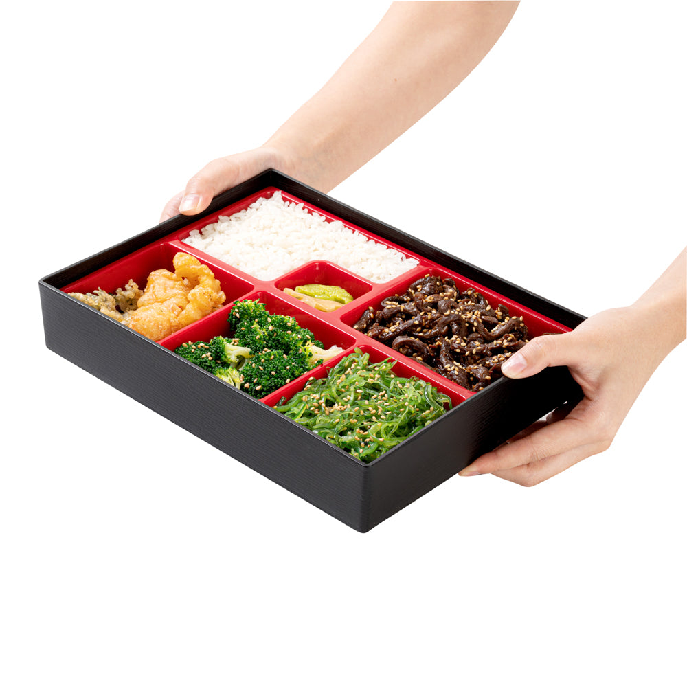 Bento Tek Rectangle Black and Red Small Japanese Style Bento Box - 6 Compartments - 10 3/4" x 8 1/4" x 2 1/4" - 1 count box