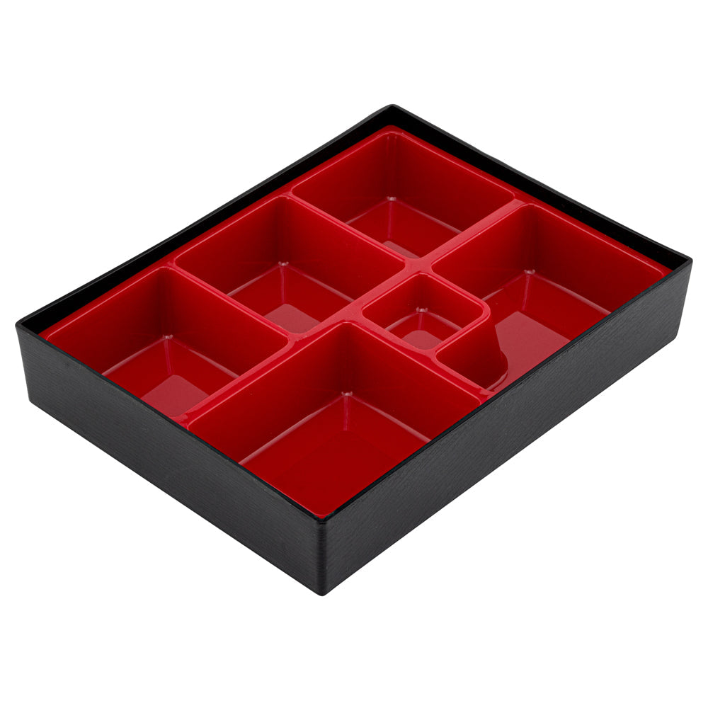 Bento Tek Rectangle Black and Red Small Japanese Style Bento Box - 6 Compartments - 10 3/4" x 8 1/4" x 2 1/4" - 1 count box