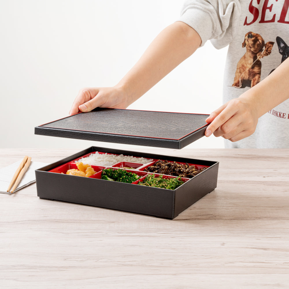 Bento Tek Rectangle Black and Red Small Japanese Style Bento Box - 6 Compartments - 10 3/4" x 8 1/4" x 2 1/4" - 1 count box