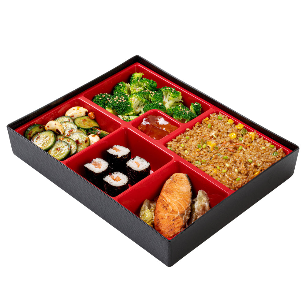 Bento Tek Rectangle Black and Red Large Japanese Style Bento Box - 6 Compartments - 12 1/4" x 9 3/4" x 2 1/4" - 1 count box