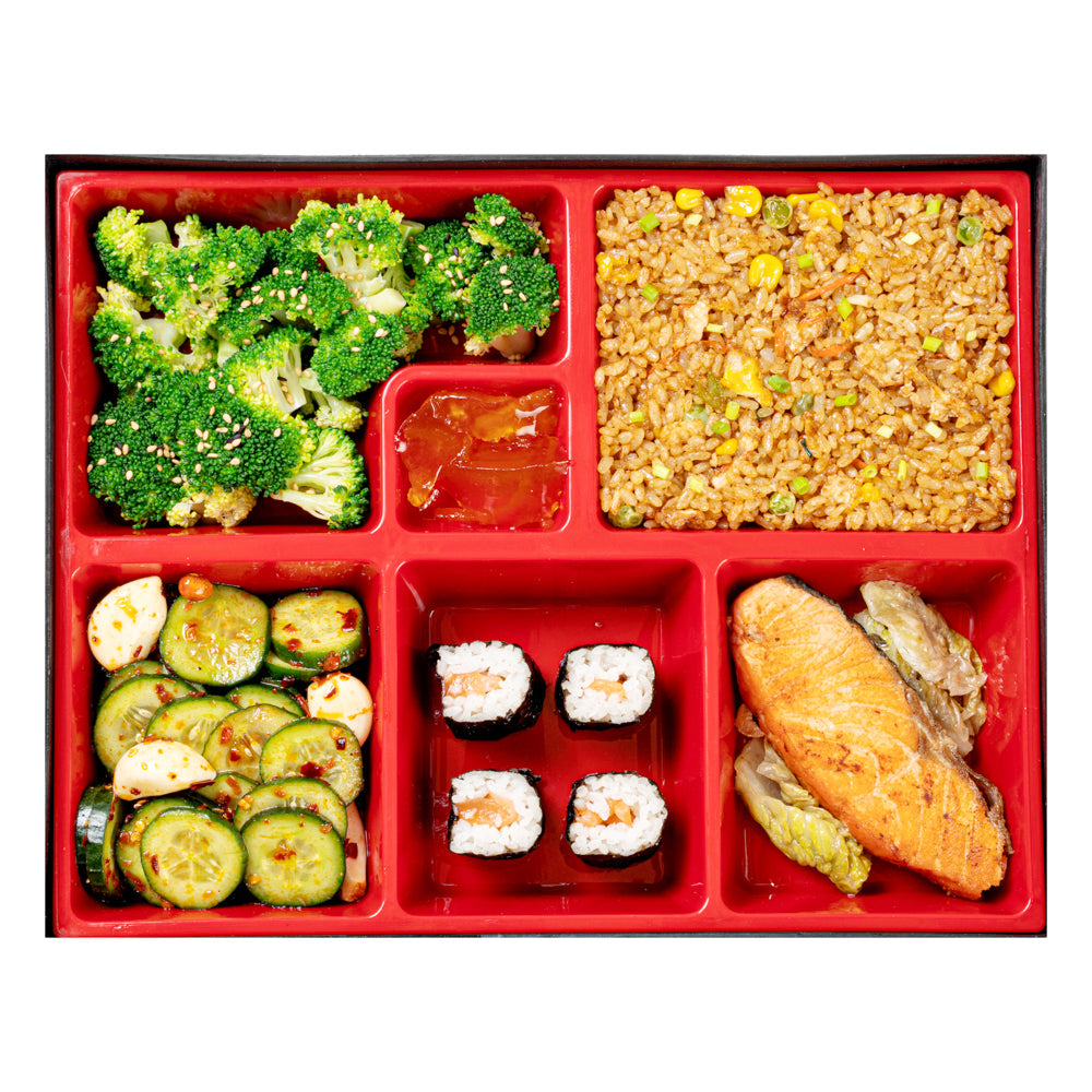 Bento Tek Rectangle Black and Red Large Japanese Style Bento Box - 6 Compartments - 12 1/4" x 9 3/4" x 2 1/4" - 1 count box
