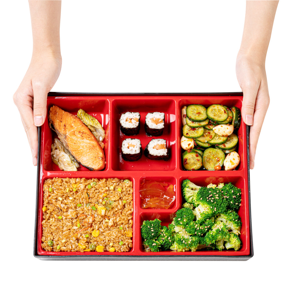 Bento Tek Rectangle Black and Red Large Japanese Style Bento Box - 6 Compartments - 12 1/4" x 9 3/4" x 2 1/4" - 1 count box
