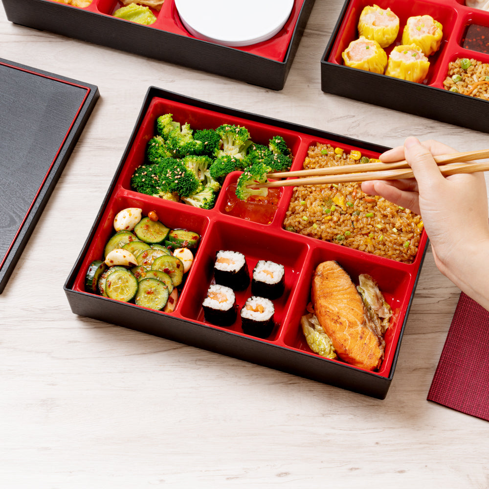 Bento Tek Rectangle Black and Red Large Japanese Style Bento Box - 6 Compartments - 12 1/4" x 9 3/4" x 2 1/4" - 1 count box