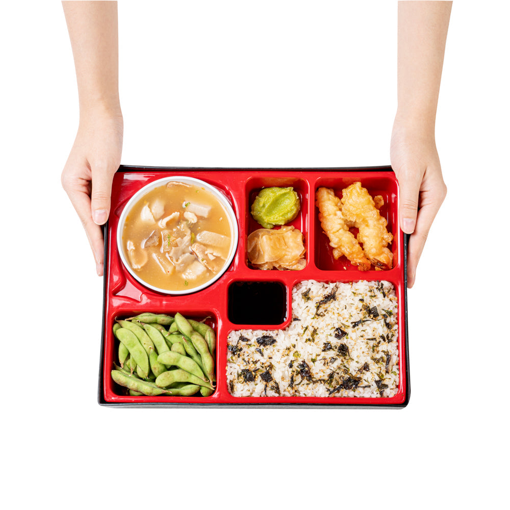 Bento Tek Rectangle Black and Red Large Japanese Style Bento Box - 6 Compartments, with Bowl - 12 1/4" x 9 3/4" x 2 1/4" - 1 count box