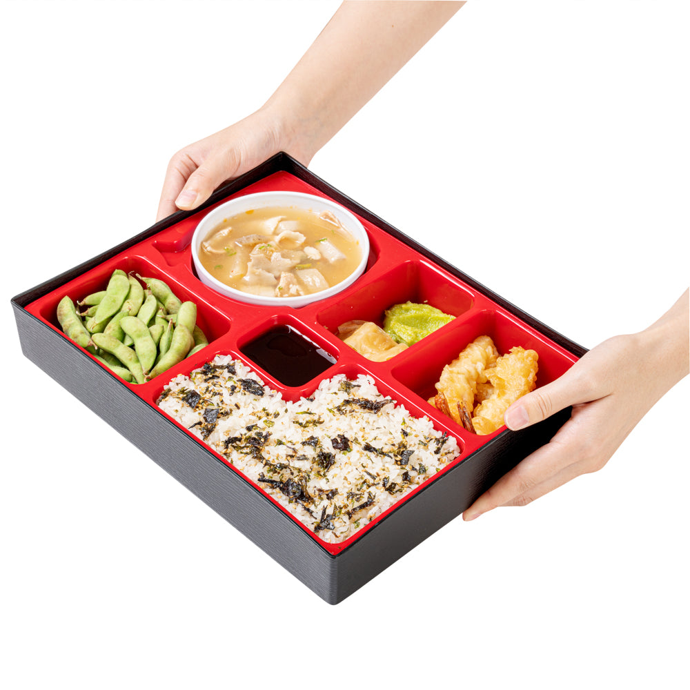 Bento Tek Rectangle Black and Red Large Japanese Style Bento Box - 6 Compartments, with Bowl - 12 1/4" x 9 3/4" x 2 1/4" - 1 count box