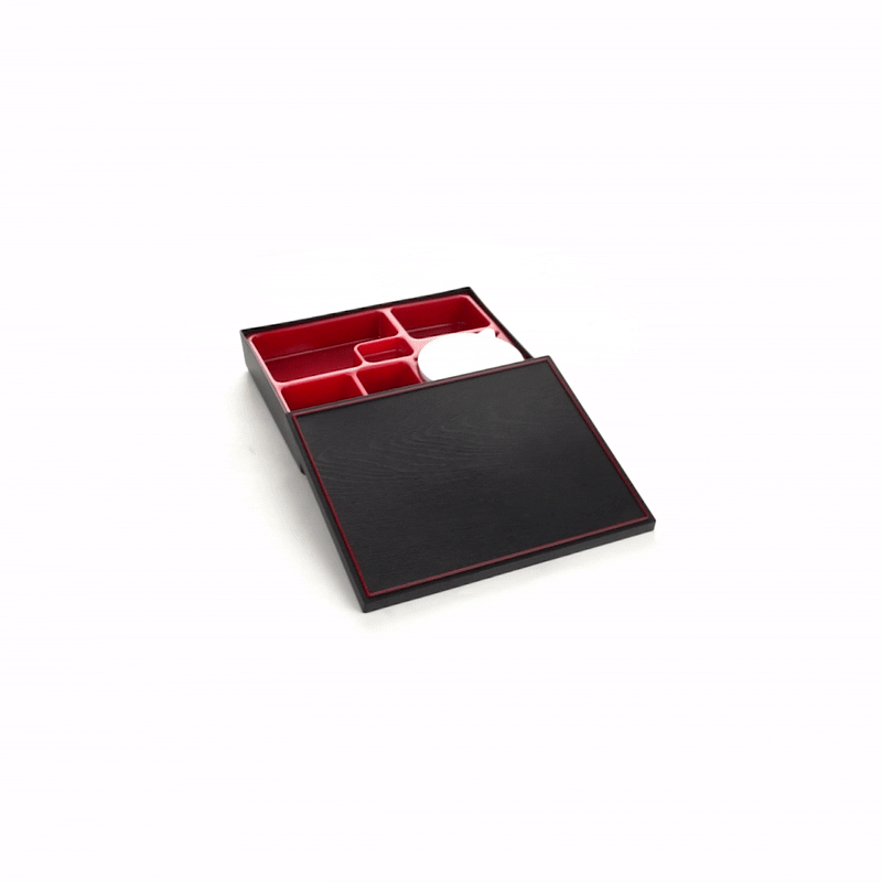 Bento Tek Rectangle Black and Red Large Japanese Style Bento Box - 6 Compartments, with Bowl - 12 1/4" x 9 3/4" x 2 1/4" - 1 count box