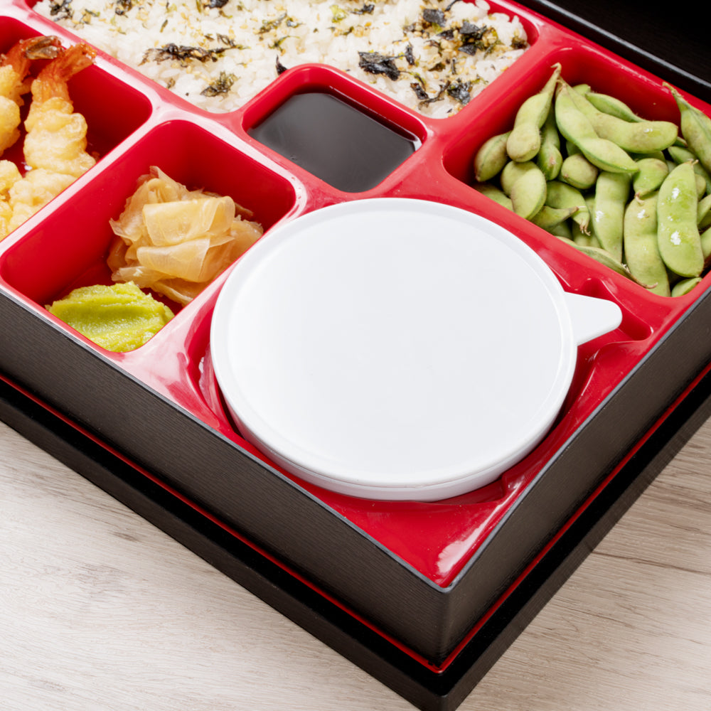 Bento Tek Rectangle Black and Red Large Japanese Style Bento Box - 6 Compartments, with Bowl - 12 1/4" x 9 3/4" x 2 1/4" - 1 count box