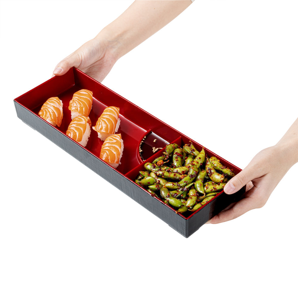Bento Tek Black and Red Japanese Style Bento Tray - 2 Compartments - 14" x 4 3/4" x 1 3/4" - 1 count box