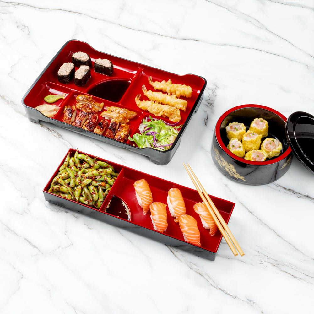 Bento Tek Black and Red Japanese Style Bento Tray - 2 Compartments - 14" x 4 3/4" x 1 3/4" - 1 count box