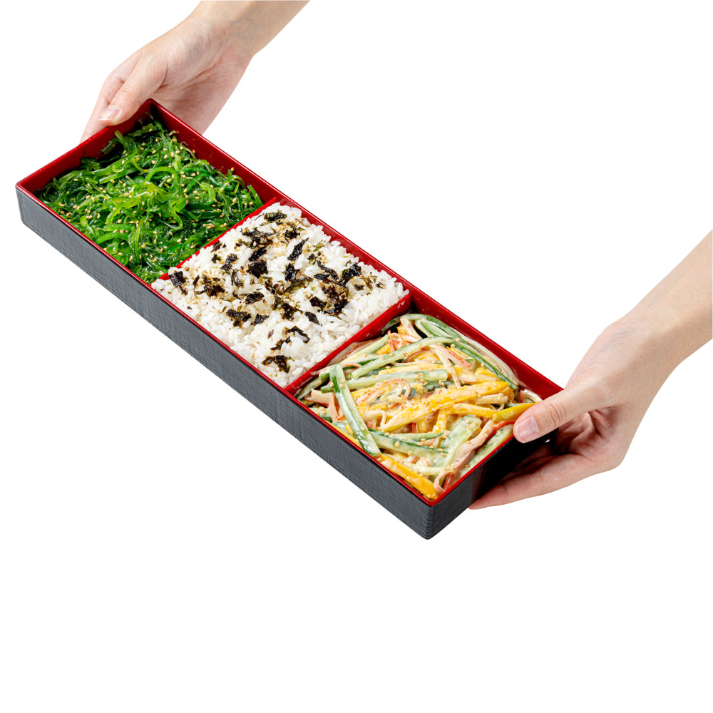 Bento Tek Black and Red Japanese Style Bento Tray - 3 Compartments - 14" x 4 3/4" x 1 3/4" - 1 count box
