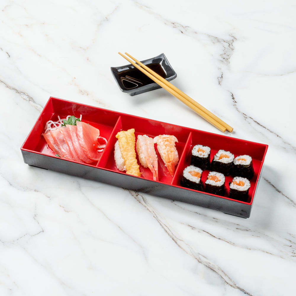 Bento Tek Rectangle Black and Red Japanese Style Bento Box - 3 Compartments - 14" x 4 3/4" x 2 1/4" - 1 count box