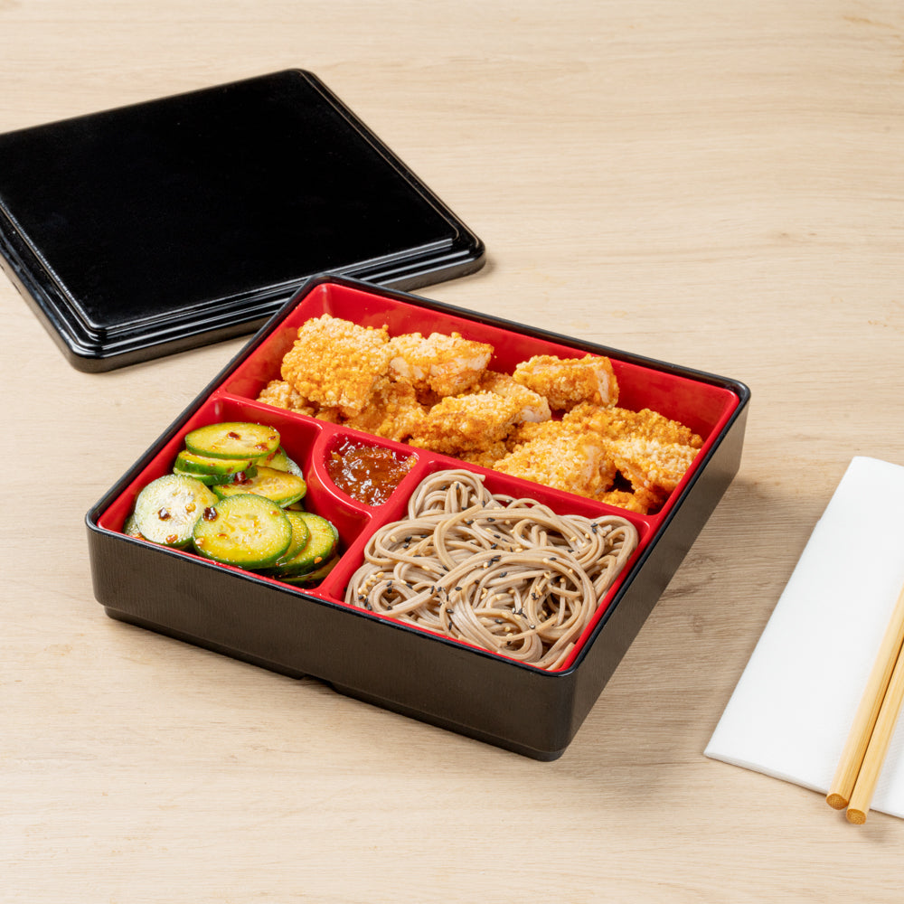 Bento Tek Square Black and Red Japanese Style Bento Box - 4 Compartments - 8 1/4" x 8 1/4" x 2 1/4" - 1 count box