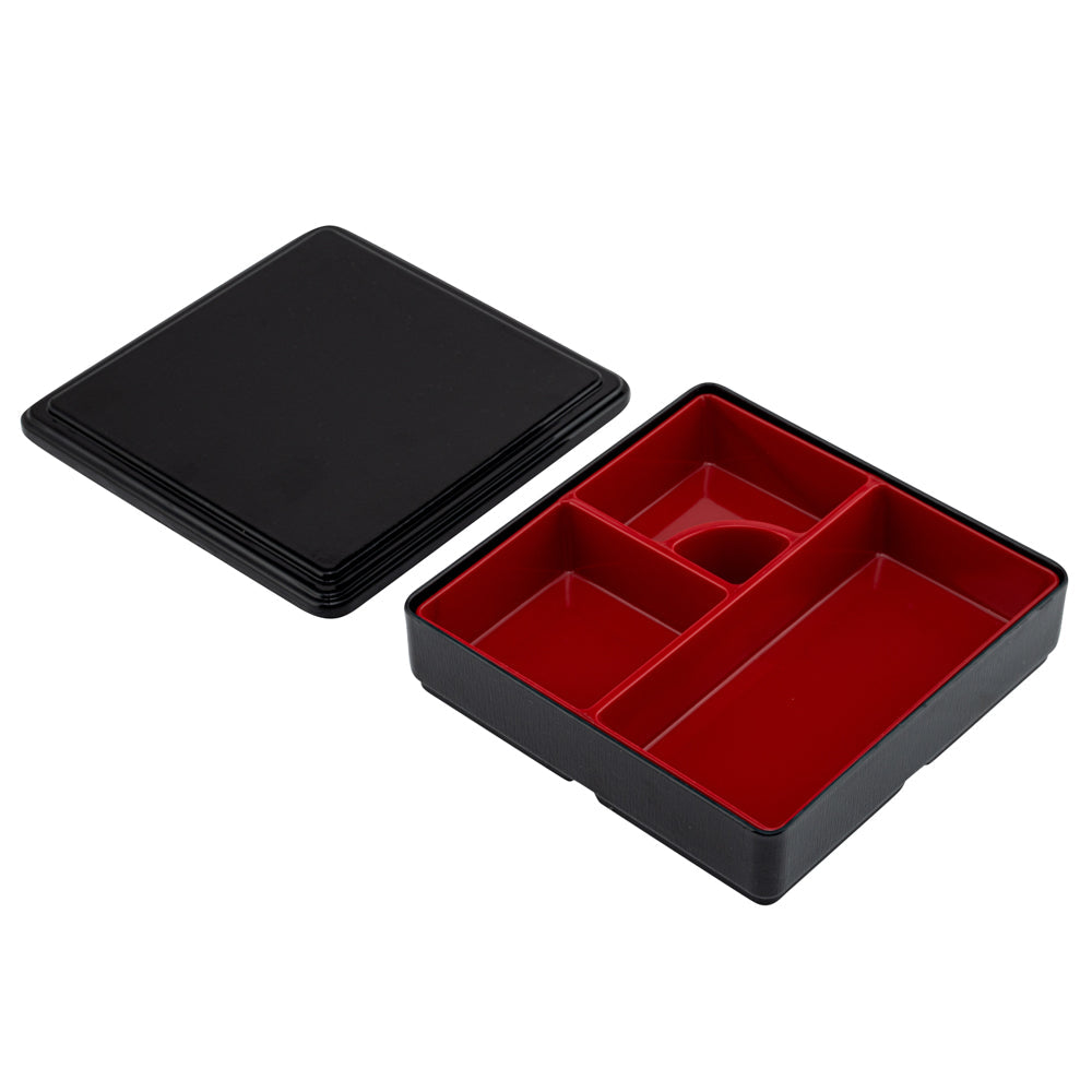 Bento Tek Square Black and Red Japanese Style Bento Box - 4 Compartments - 8 1/4" x 8 1/4" x 2 1/4" - 1 count box