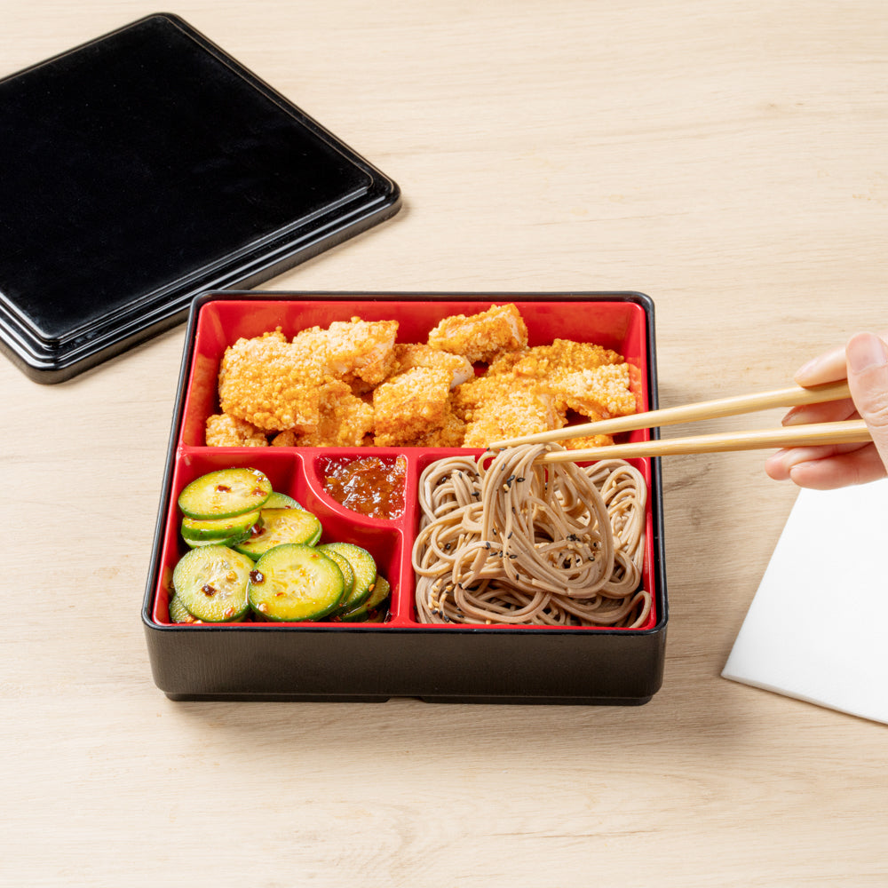 Bento Tek Square Black and Red Japanese Style Bento Box - 4 Compartments - 8 1/4" x 8 1/4" x 2 1/4" - 1 count box