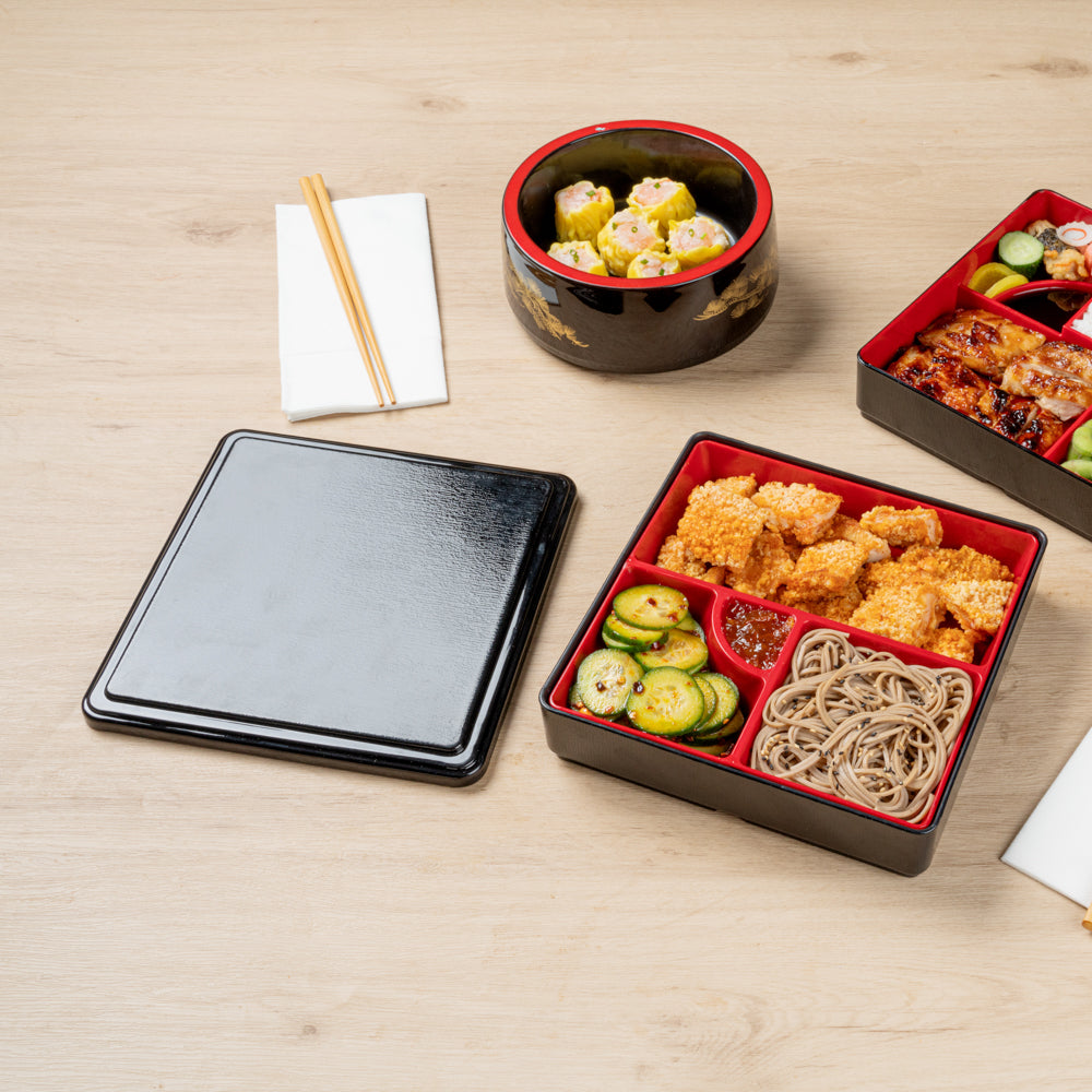 Bento Tek Square Black and Red Japanese Style Bento Box - 4 Compartments - 8 1/4" x 8 1/4" x 2 1/4" - 1 count box