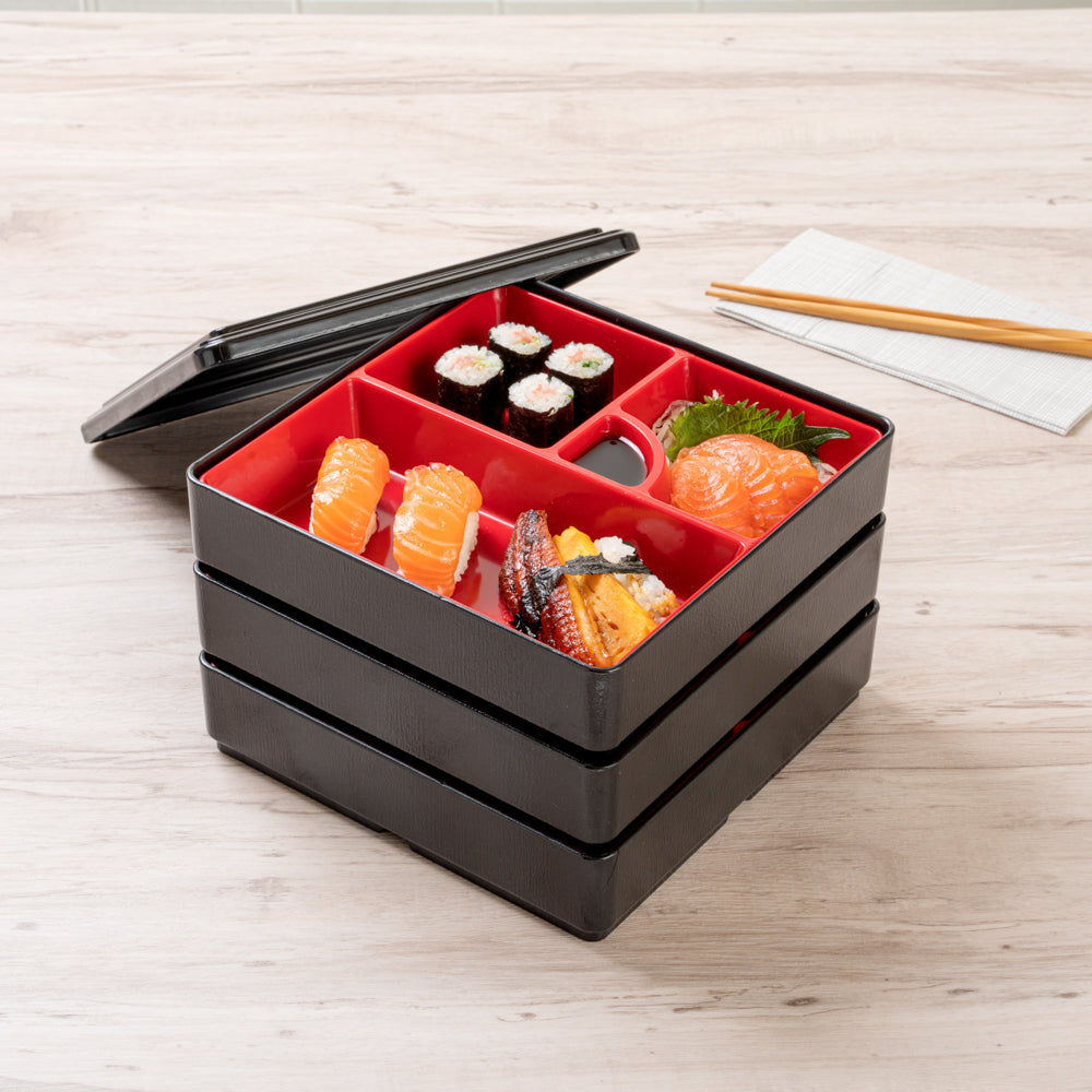 Bento Tek Square Black and Red Japanese Style Bento Box - 4 Compartments, 3 Layers - 8 1/4" x 8 1/4" x 6" - 1 count box