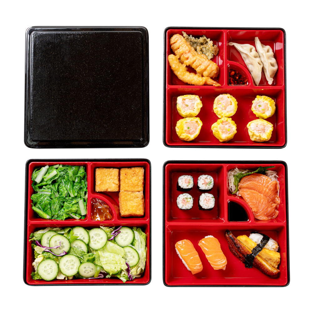 Bento Tek Square Black and Red Japanese Style Bento Box - 4 Compartments, 3 Layers - 8 1/4" x 8 1/4" x 6" - 1 count box