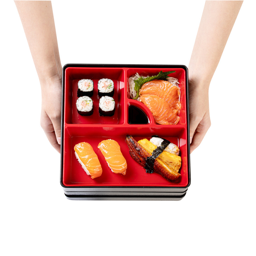 Bento Tek Square Black and Red Japanese Style Bento Box - 4 Compartments, 3 Layers - 8 1/4" x 8 1/4" x 6" - 1 count box