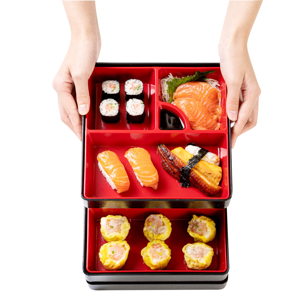 Bento Tek Square Black and Red Japanese Style Bento Box - 4 Compartments, 3 Layers - 8 1/4" x 8 1/4" x 6" - 1 count box