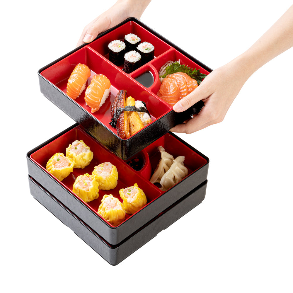 Bento Tek Square Black and Red Japanese Style Bento Box - 4 Compartments, 3 Layers - 8 1/4" x 8 1/4" x 6" - 1 count box