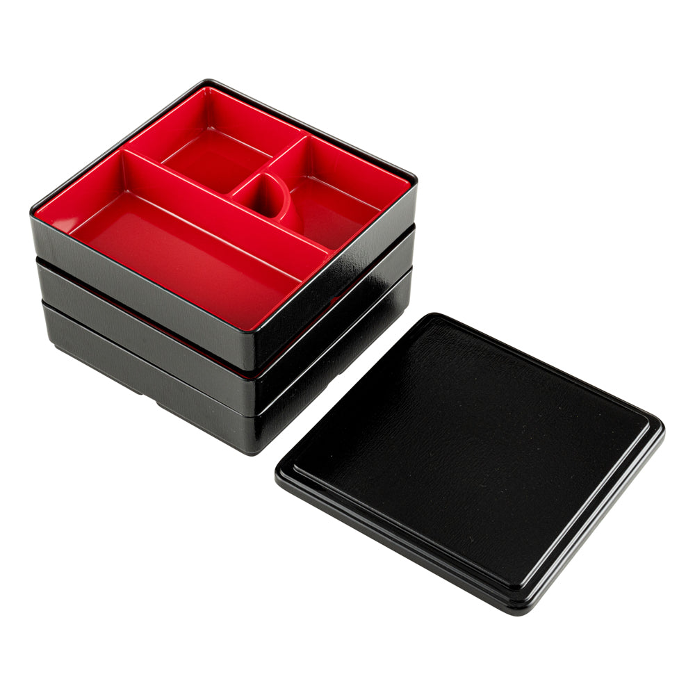 Bento Tek Square Black and Red Japanese Style Bento Box - 4 Compartments, 3 Layers - 8 1/4" x 8 1/4" x 6" - 1 count box