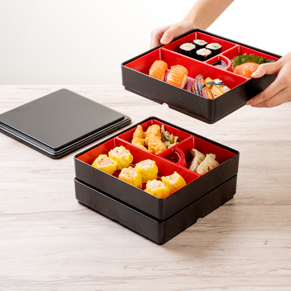 Bento Tek Square Black and Red Japanese Style Bento Box - 4 Compartments, 3 Layers - 8 1/4" x 8 1/4" x 6" - 1 count box