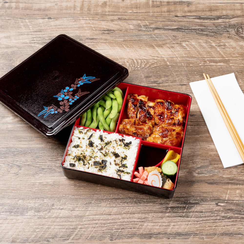 Bento Tek Square Black and Red Japanese Style Bento Box - 5 Compartments - 8 1/4" x 8 1/4" x 2 1/4" - 1 count box
