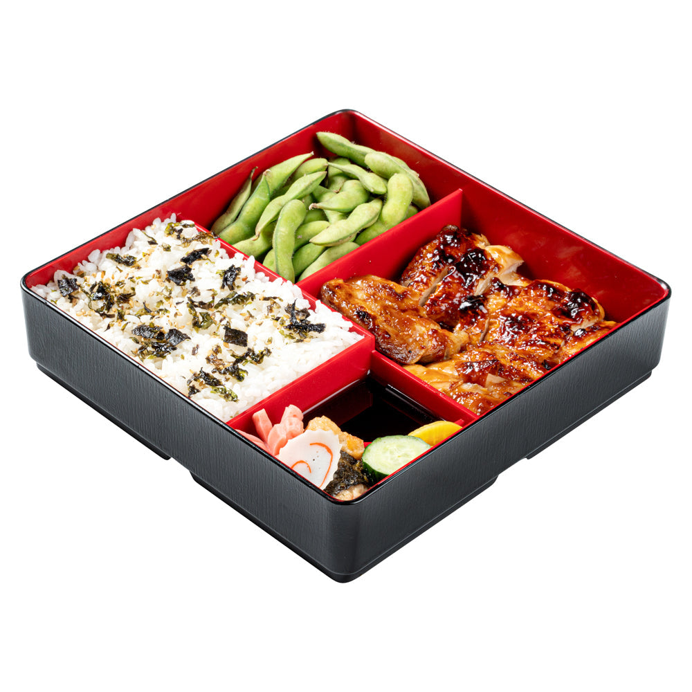 Bento Tek Square Black and Red Japanese Style Bento Box - 5 Compartments - 8 1/4" x 8 1/4" x 2 1/4" - 1 count box