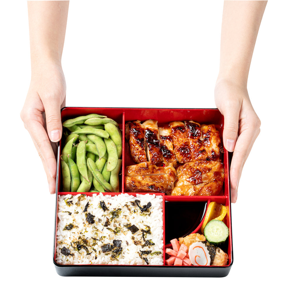 Bento Tek Square Black and Red Japanese Style Bento Box - 5 Compartments - 8 1/4" x 8 1/4" x 2 1/4" - 1 count box