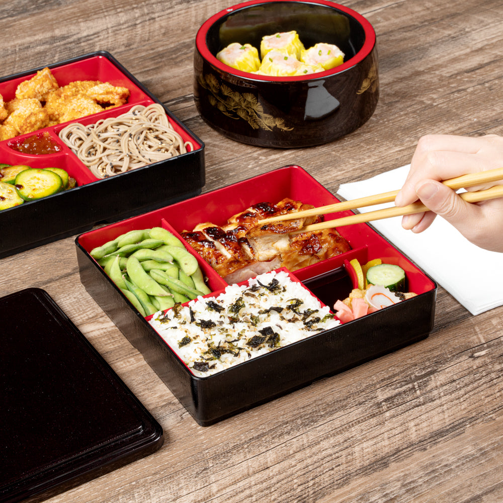 Bento Tek Square Black and Red Japanese Style Bento Box - 5 Compartments - 8 1/4" x 8 1/4" x 2 1/4" - 1 count box