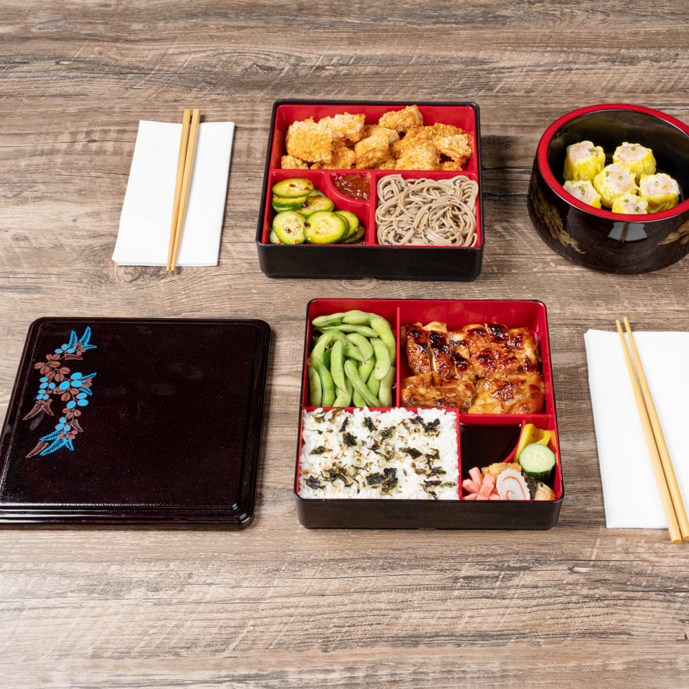 Bento Tek Square Black and Red Japanese Style Bento Box - 5 Compartments - 8 1/4" x 8 1/4" x 2 1/4" - 1 count box