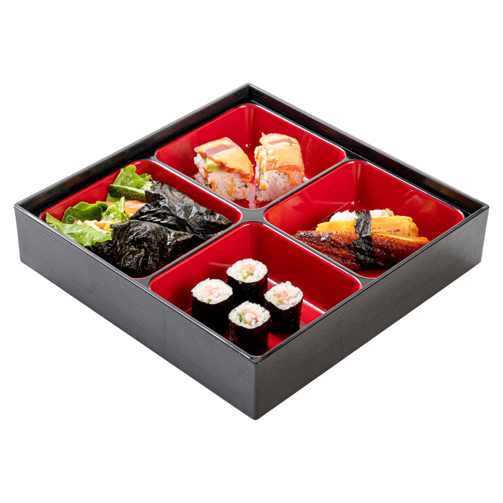 Bento Tek Square Black and Red Japanese Style Bento Box - 4 Compartments - 10" x 10" x 2 1/4" - 1 count box