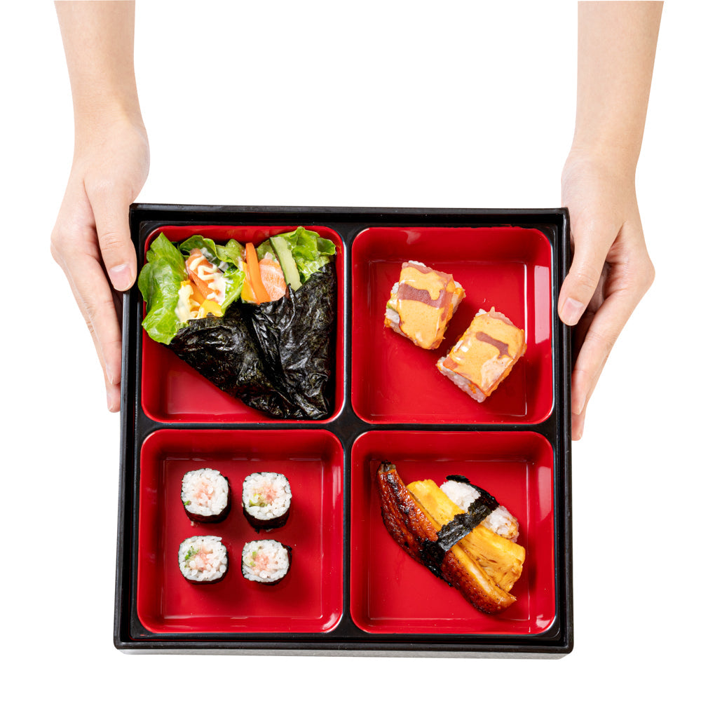 Bento Tek Square Black and Red Japanese Style Bento Box - 4 Compartments - 10" x 10" x 2 1/4" - 1 count box