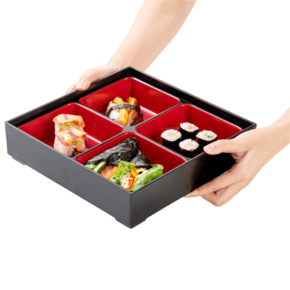 Bento Tek Square Black and Red Japanese Style Bento Box - 4 Compartments - 10" x 10" x 2 1/4" - 1 count box