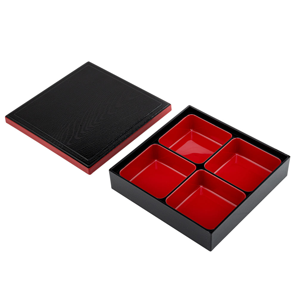 Bento Tek Square Black and Red Japanese Style Bento Box - 4 Compartments - 10" x 10" x 2 1/4" - 1 count box