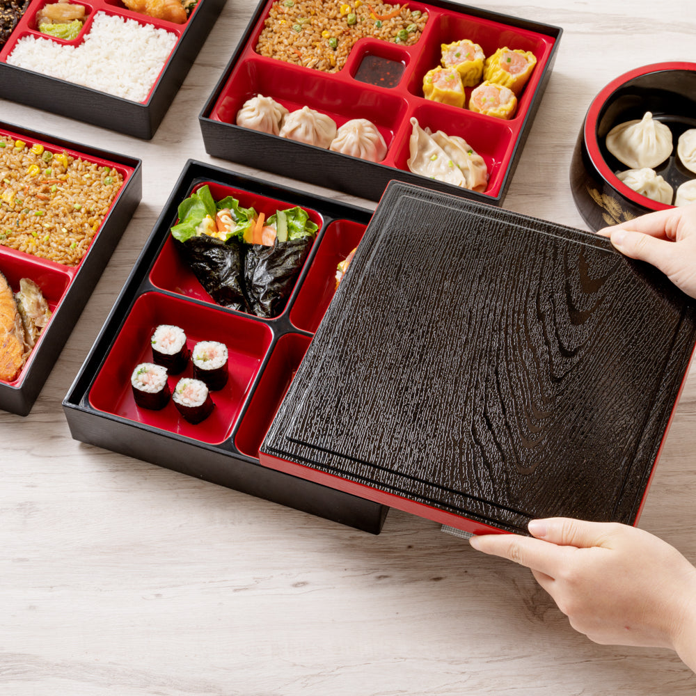 Bento Tek Square Black and Red Japanese Style Bento Box - 4 Compartments - 10" x 10" x 2 1/4" - 1 count box