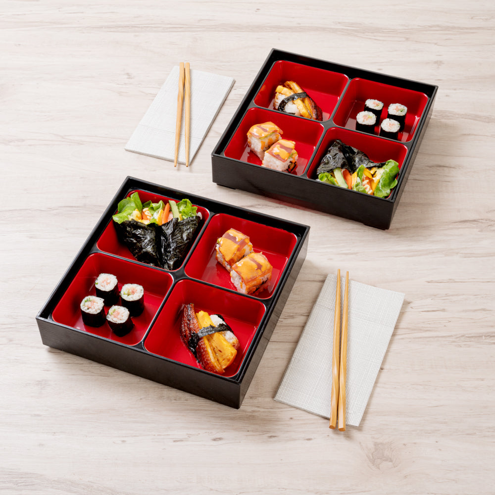 Bento Tek Square Black and Red Japanese Style Bento Box - 4 Compartments - 10" x 10" x 2 1/4" - 1 count box