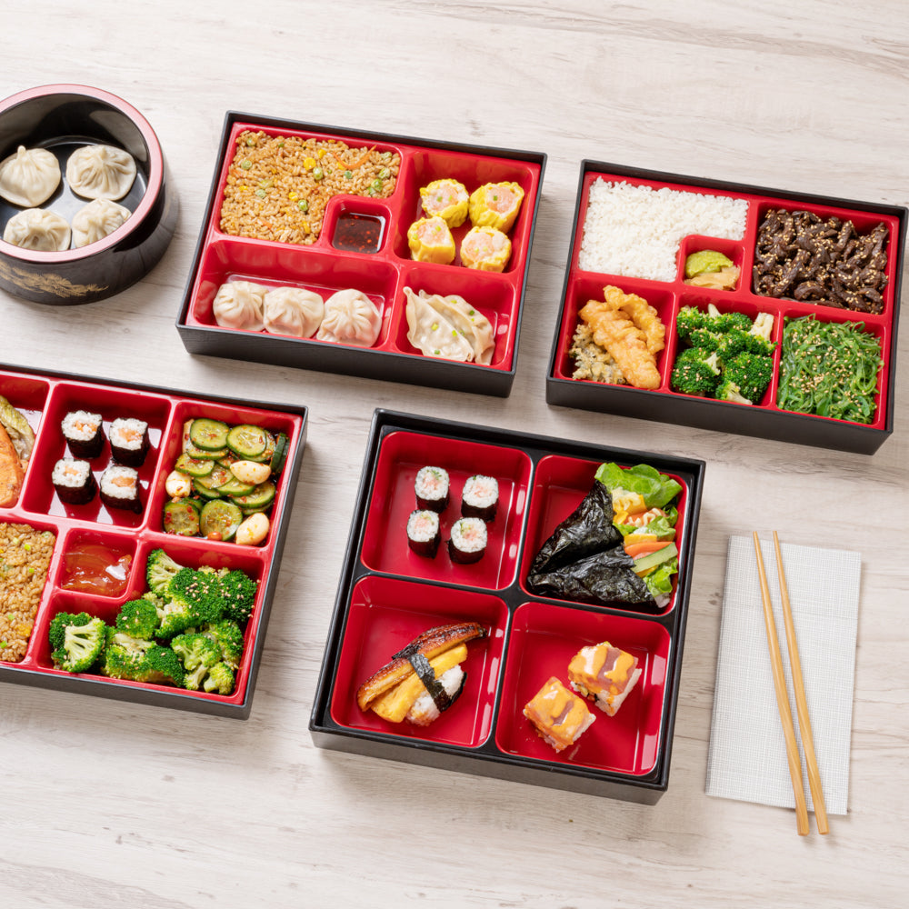 Bento Tek Square Black and Red Japanese Style Bento Box - 4 Compartments - 10" x 10" x 2 1/4" - 1 count box