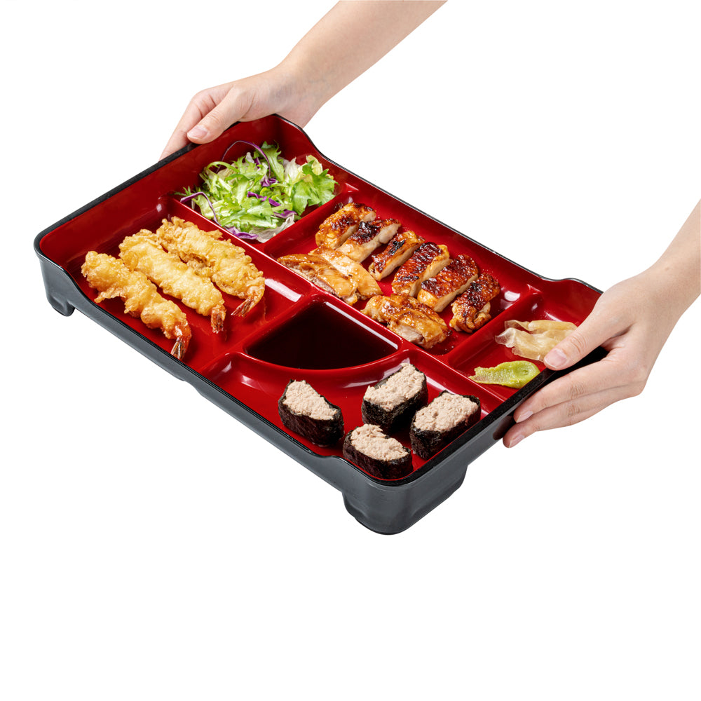 Bento Tek Black and Red Japanese Style Bento Plate - 5 Compartments - 14" x 9" x 2" - 1 count box