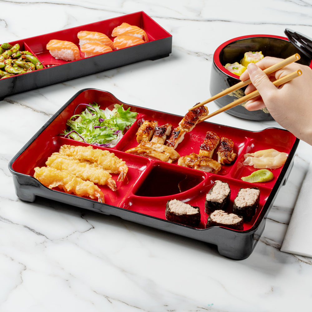 Bento Tek Black and Red Japanese Style Bento Plate - 5 Compartments - 14" x 9" x 2" - 1 count box