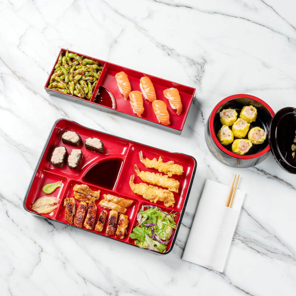 Bento Tek Black and Red Japanese Style Bento Plate - 5 Compartments - 14" x 9" x 2" - 1 count box