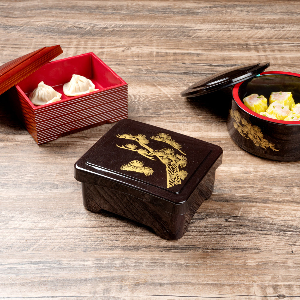 Bento Tek Black and Red Japanese Style Unagi Bento Box - 6 1/2" x 5 3/4" x 3 1/4" - 1 count box