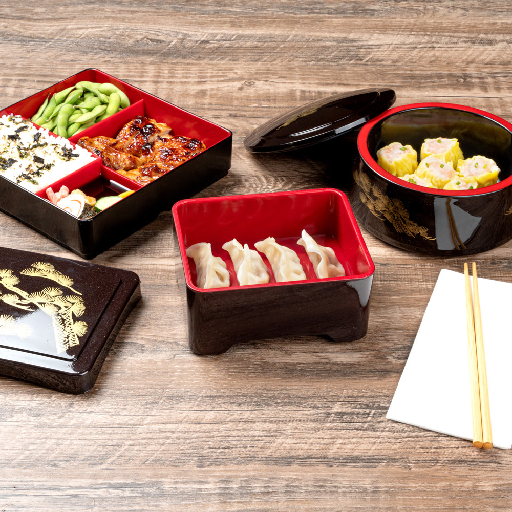 Bento Tek Black and Red Japanese Style Unagi Bento Box - 6 1/2" x 5 3/4" x 3 1/4" - 1 count box