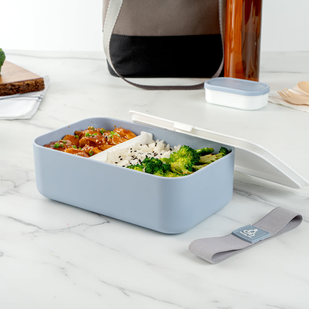 Bento Tek 34 oz Blue Buddha Box Lunch Container - with White Lid - 7 1/2" x 4 3/4" x 2 1/2" - 1 count box