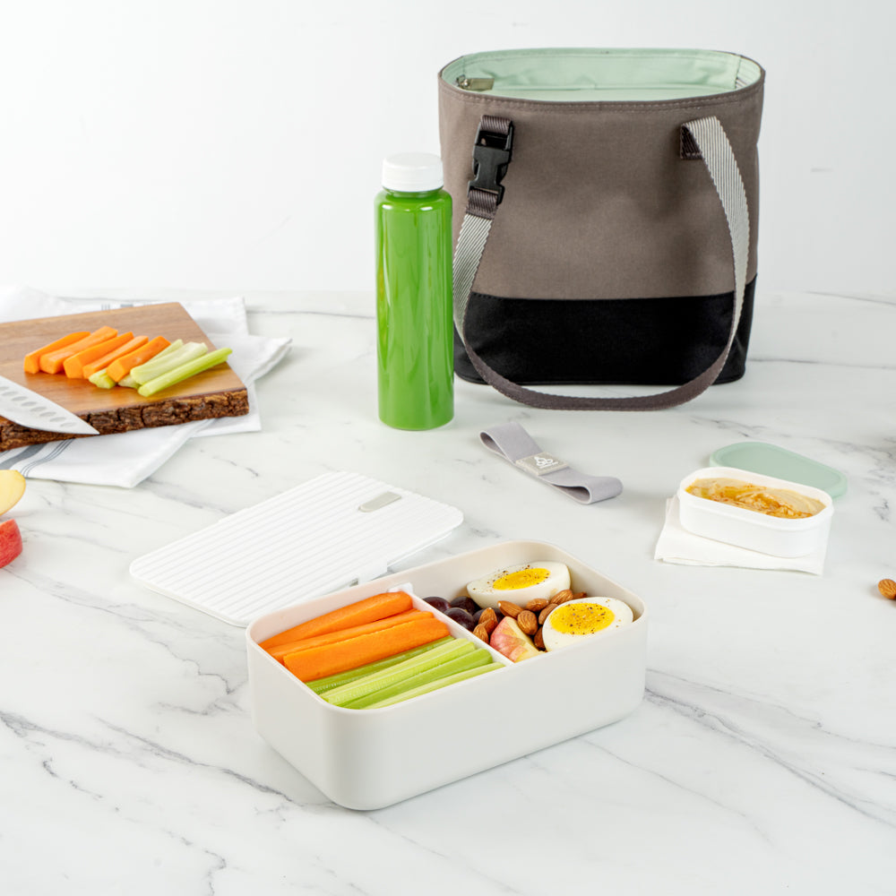 Bento Tek 34 oz Gray Buddha Box Lunch Container - with White Lid - 7 1/2" x 4 3/4" x 2 1/2" - 1 count box