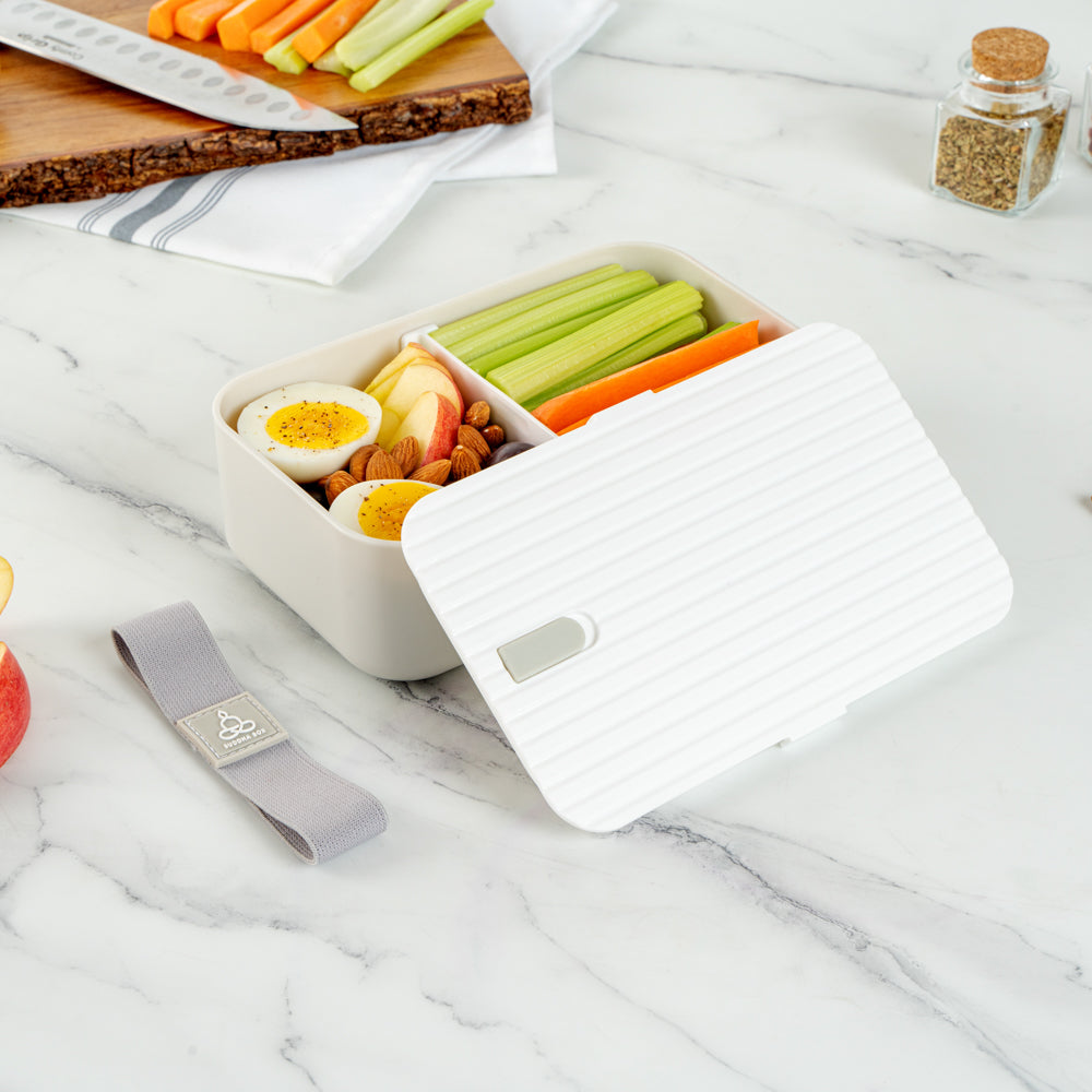 Bento Tek 34 oz Gray Buddha Box Lunch Container - with White Lid - 7 1/2" x 4 3/4" x 2 1/2" - 1 count box