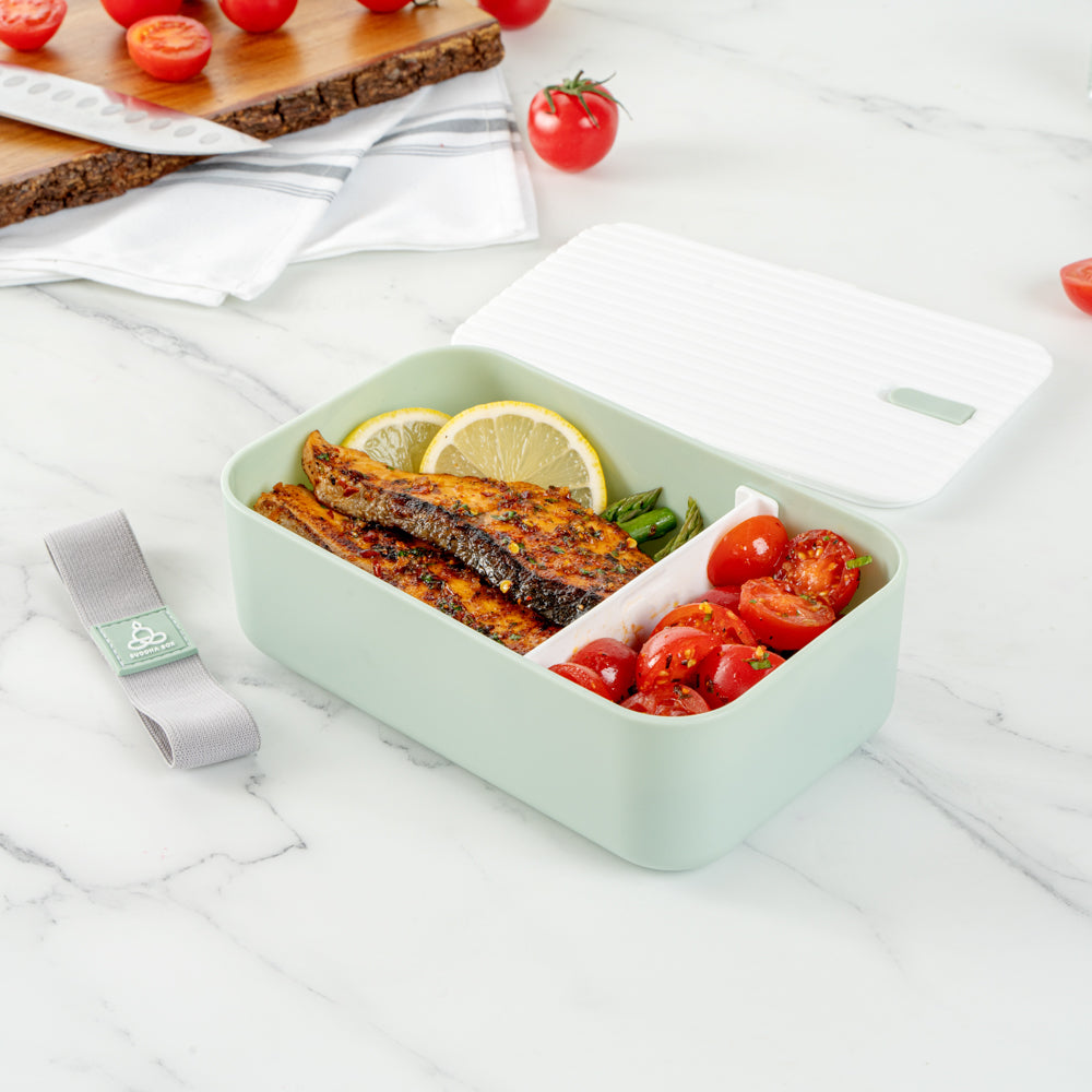 Bento Tek 34 oz Green Buddha Box Lunch Container - with White Lid - 7 1/2" x 4 3/4" x 2 1/2" - 1 count box